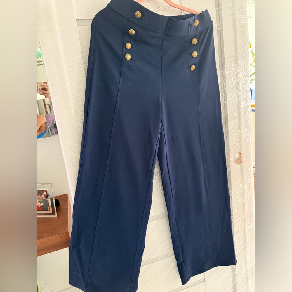 Ann Taylor Navy Wide Leg with Gold Buttons nautical Sailor stretch pants sz 10